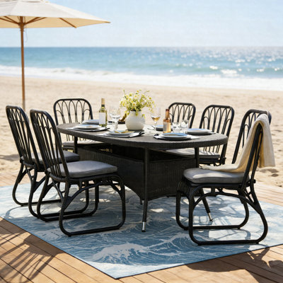 Ensemble de salle à manger d'extérieur en osier 7 pièces avec table ovale en rotin et chaises pour 6 personnes - Résistant aux intempéries et confortable pour la terrasse, la terrasse, la cour ou le porche