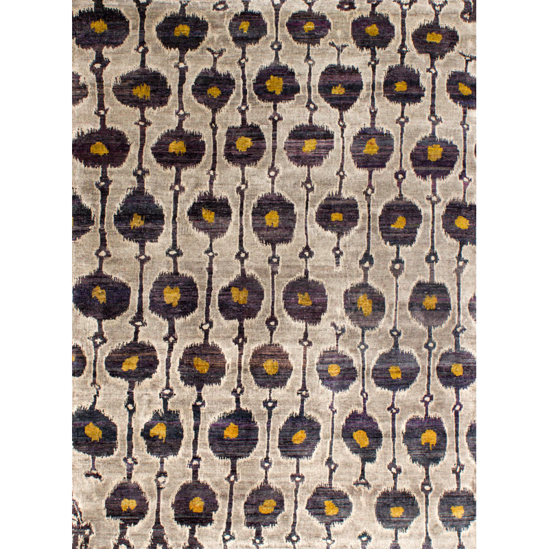 Rumi Ikat Hand-Knotted Silk Sunburst/Gray/Black Area Rug