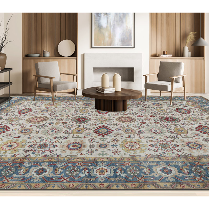 Sultanabad Hand-Knotted High-Quality Ivory and Blue Area Rug