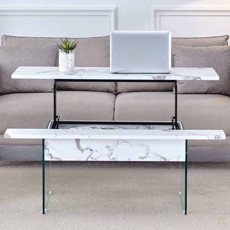 Table basse à plateau relevable multifonctionnel - motif marbre blanc