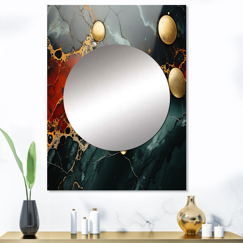 Or et vert sérénité abstrait marbre rêve II - grand miroir mural en marbre, miroir unique moderne, art imprimé en métal