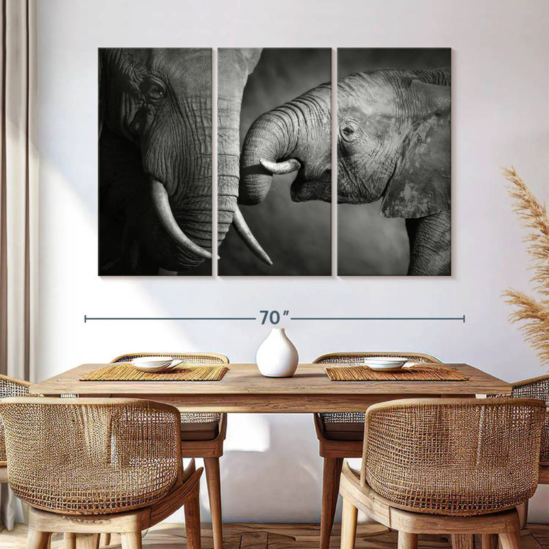 Éléphant 3 pièces d'affection sur toile, H 42 po x l 65 po x P 1,25 po