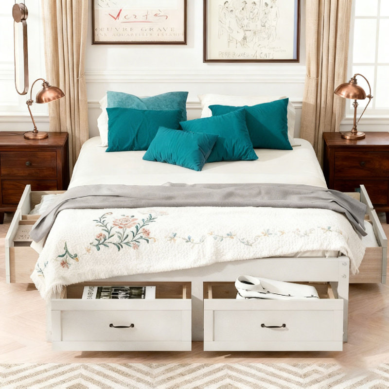 Wood Bed with 6 Storage Drawers, Antique White, Full