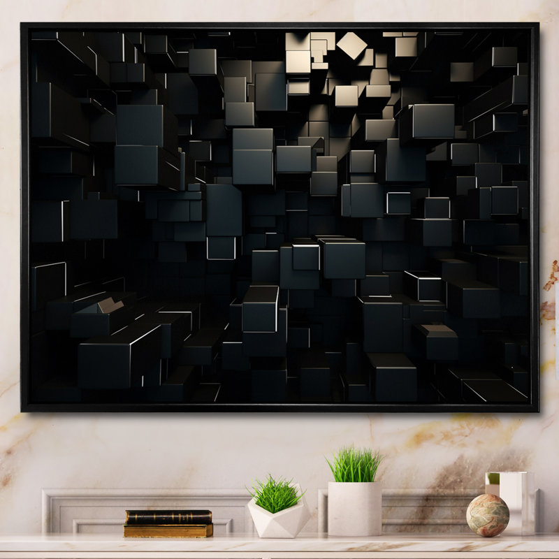 Dimensions du cube 3D en brique noire - Décoration murale géométrique abstraite, H 34 po x l 44 po x P 1,5 po