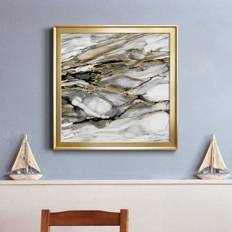 Marbré or I - peinture sur toile encadrée, Toile encadrée dorée, H 16 po x l 16 po x p 1 po