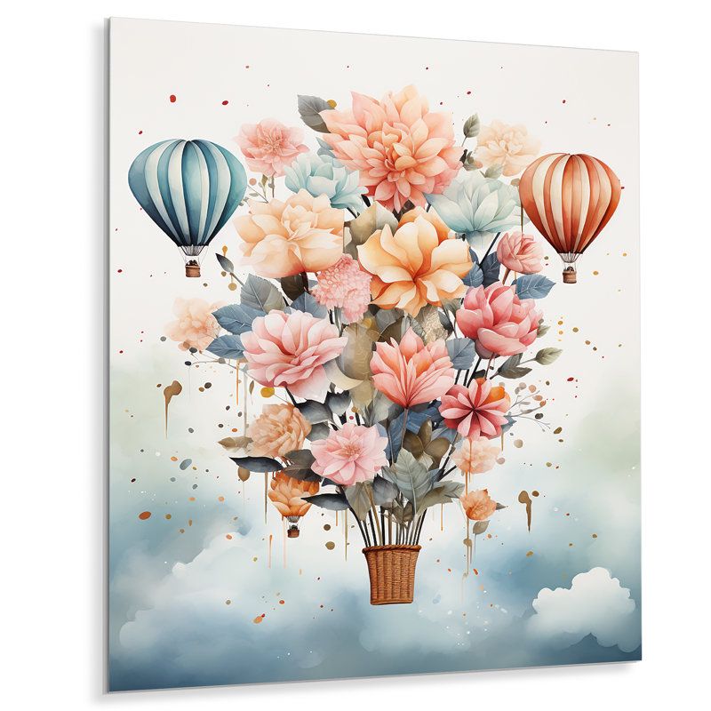 Bouquet de fleurs en montgolfière II - montgolfière, impression sur métal, H 20 po x l 12 po x P 1 po