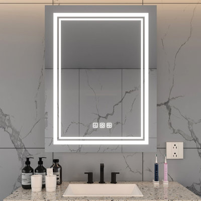 Miroir de salle de bain mural 32 po x 24 po à DEL, désembuage 5 minutes, 3 couleurs à intensité variable, miroir réfléchissant à finition pleine grandeur avec lumières à intensité variable, réfléchissant, type