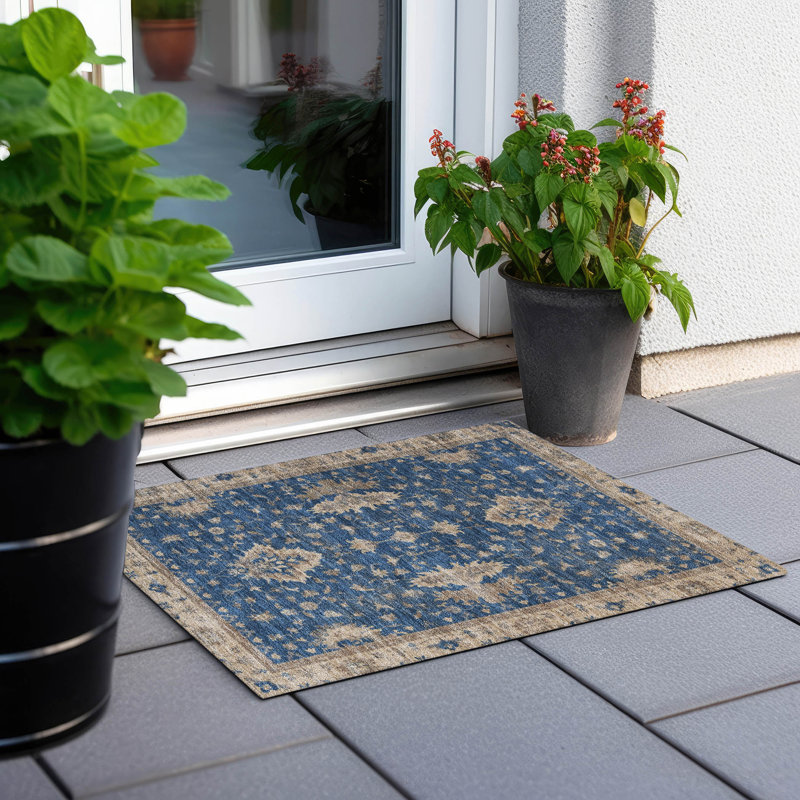 Navy Rectangular Washable Synthetic Indoor/Outdoor Rug