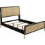 Très grand lit noir avec tissage, style côtier moderne, pieds dorés, coins arrondis à l'est et cadre, esthétique, bords pour la chambre à coucher