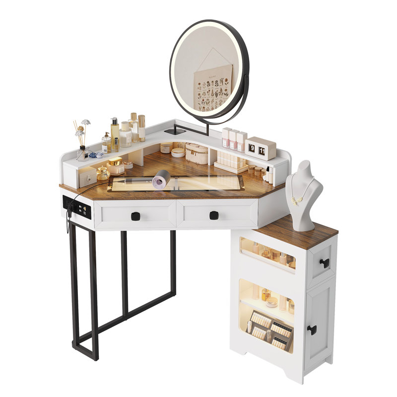 Dressing Table with Mirror, White/Brown