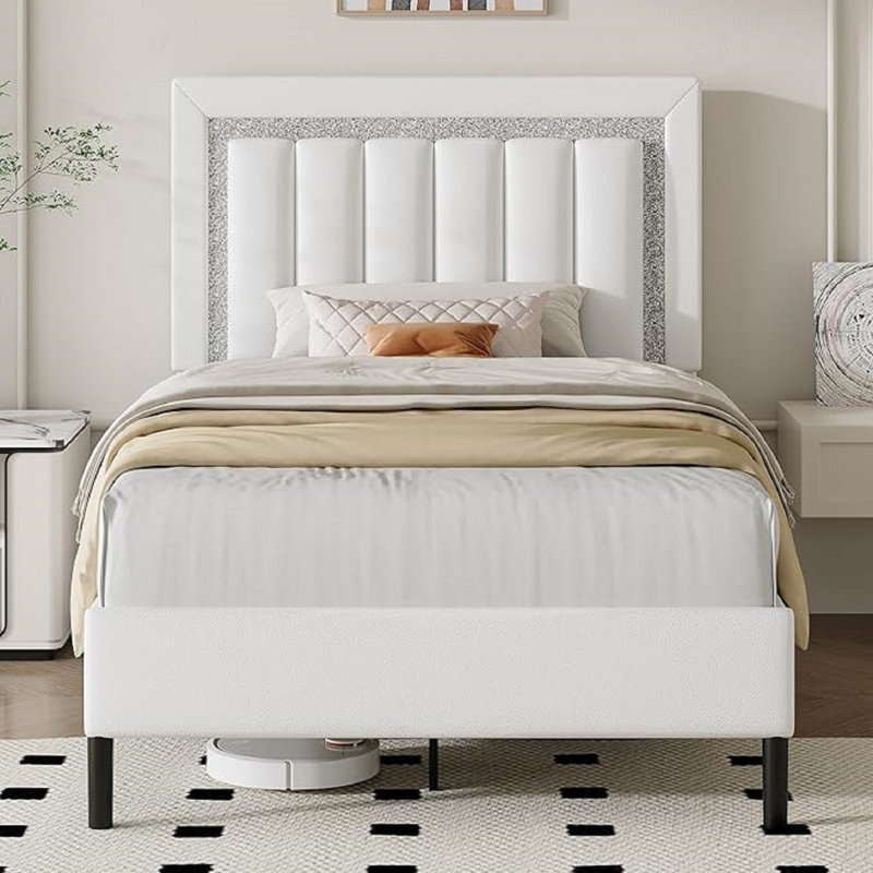 Ensemble de lit plateforme tapissier Diamond, Simple, Blanc