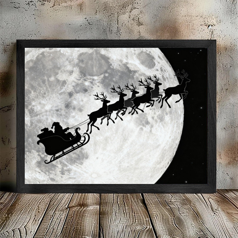 Art mural noir en forme de traîneau de père Noël moderne, impression de scène de Noël dramatique au clair de lune