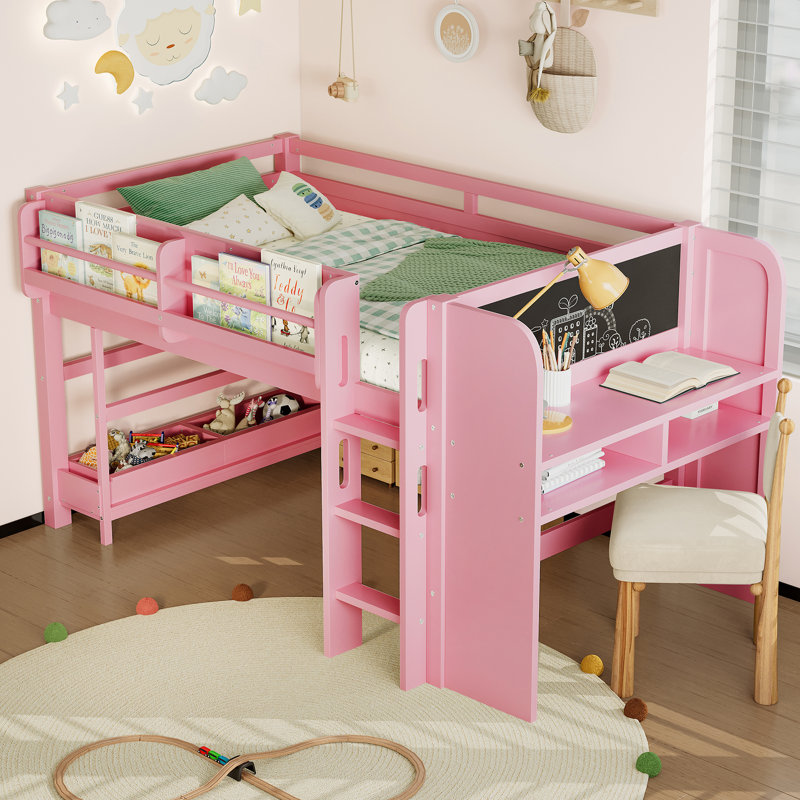 Twin Loft Bed with Desk, Storage Bookcases, Drawers & Blackboard, Solid Wood Kids Loft Bed, Pink, Twin, Pink