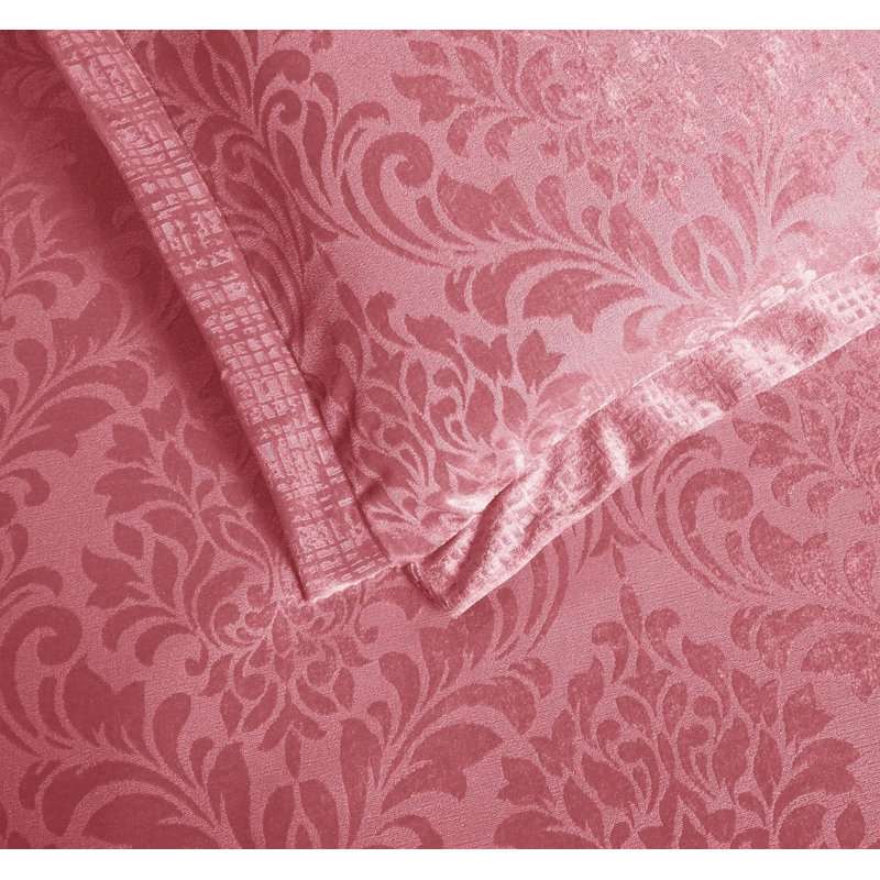 3 Piece Velvet Damask Jacquard Bedspread Reverse Microfibre Bed Throw 2 Matching Pillow Shams, Pink