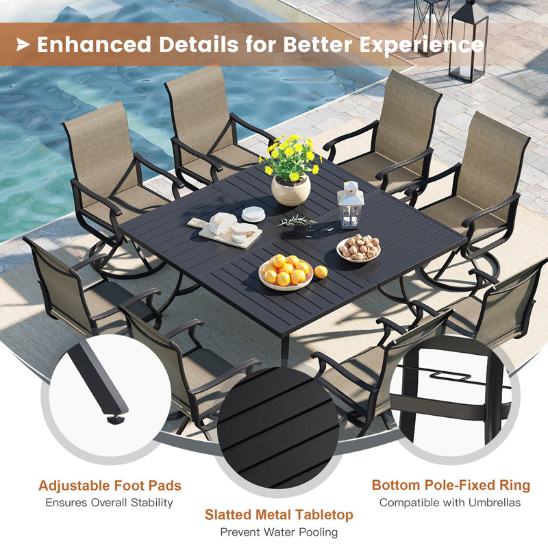 Ensemble repas pour 8 personnes avec table carrée 59 "et trou pour parasol + 8 chaises pivotantes, Noir / taupe