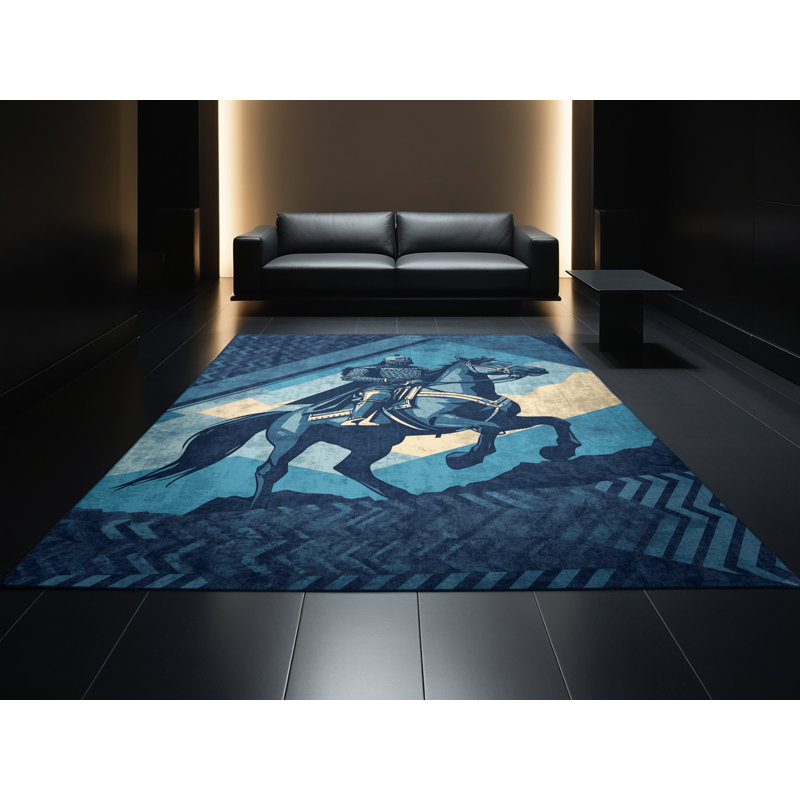 Soft Plush Dunton Mounted Warrior Rustic Geometric Area Rug in Blue – Navy Binding, 8x10