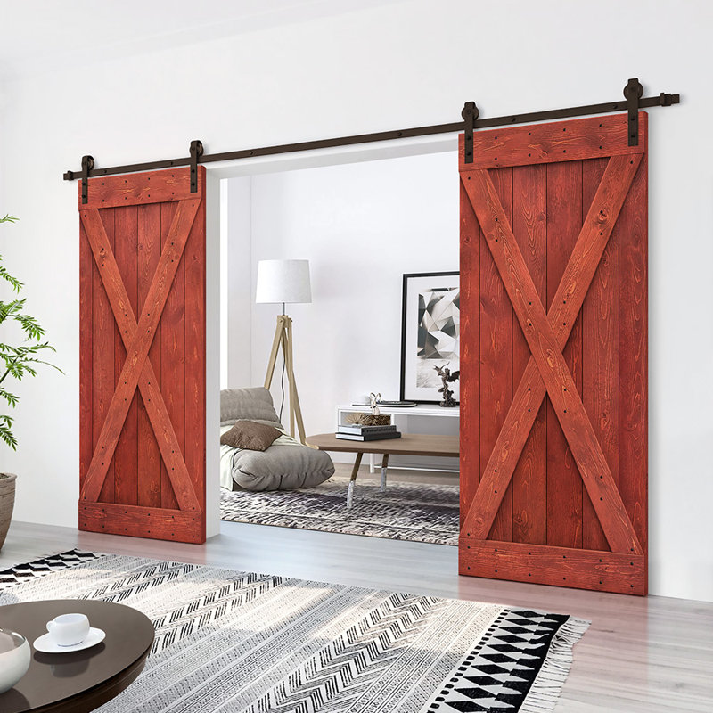 Porte de grange en bois massif lambrissé et métal, 40 po x 84 po, Rouge cerise