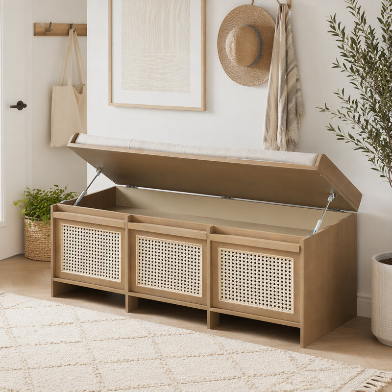 Banc de rangement pour chaussures de 48 po, banc de rangement rétro avec tiroirs en rotin et coussin amovible rembourré à boutons