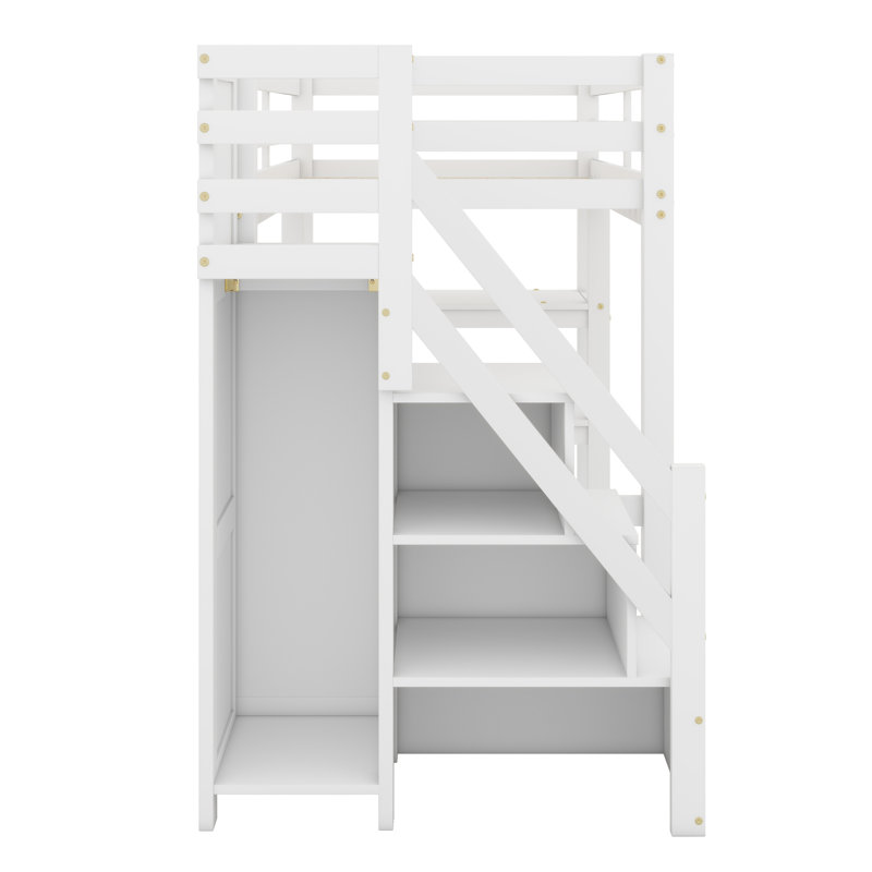 Lit mezzanine avec tablettes, escalier de rangement, petite armoire et lumière DEL blanche, Lit simple
