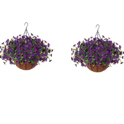 2 Pack Artificial Hanging Flowers Basket With Hanging Basket for Outdoors Fake Hanging Plants Spring Summer Decoration UV Resistant for Garden Front Porch Patio Balcony Decor