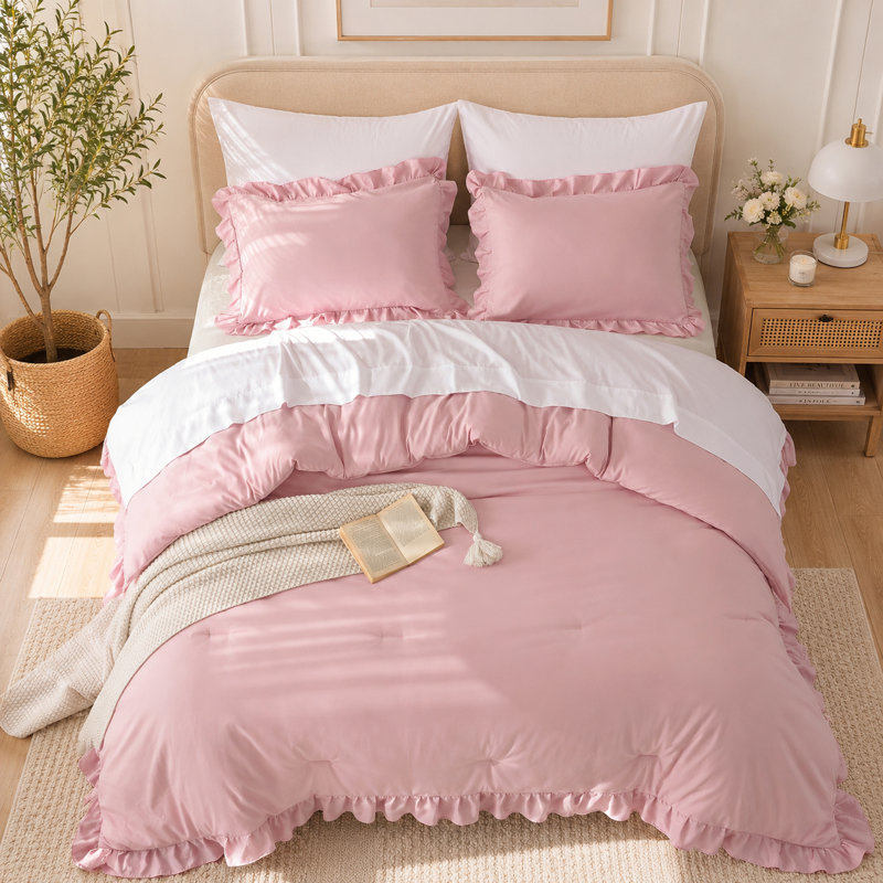 Ruffle Comforter Set 3 Pieces-Bedding for All Seasons Fluffy Vintage Farmhouse Comforter With Two Pillowcases, Pink