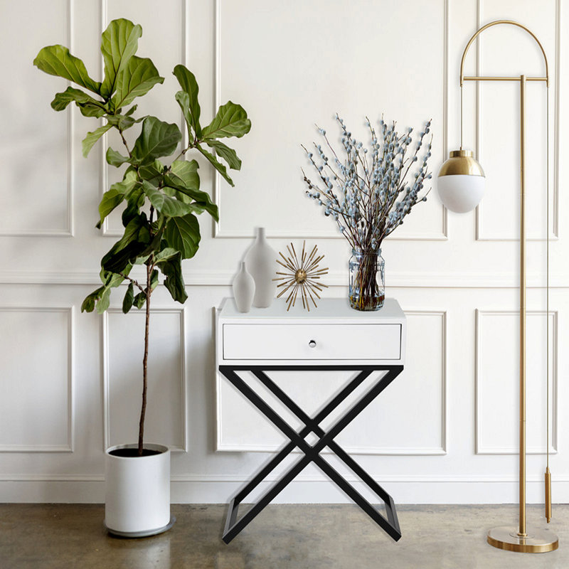 Table de chevet en bois blanc l 23 po Koraldo, table de bout avec plateau en verre, tiroir et base en métal, White