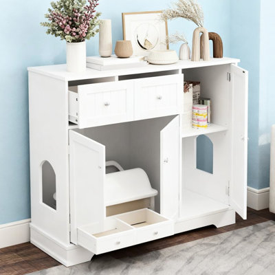 White Cat Litter Furniture 39.2" W, Dual - Purpose As Side Table And , Odor Design, Private Space For Cats, Drawers Shelves Storage X 17.7" Box Furniture, , Function Cozy Fits Cats Under 10 Lbs,