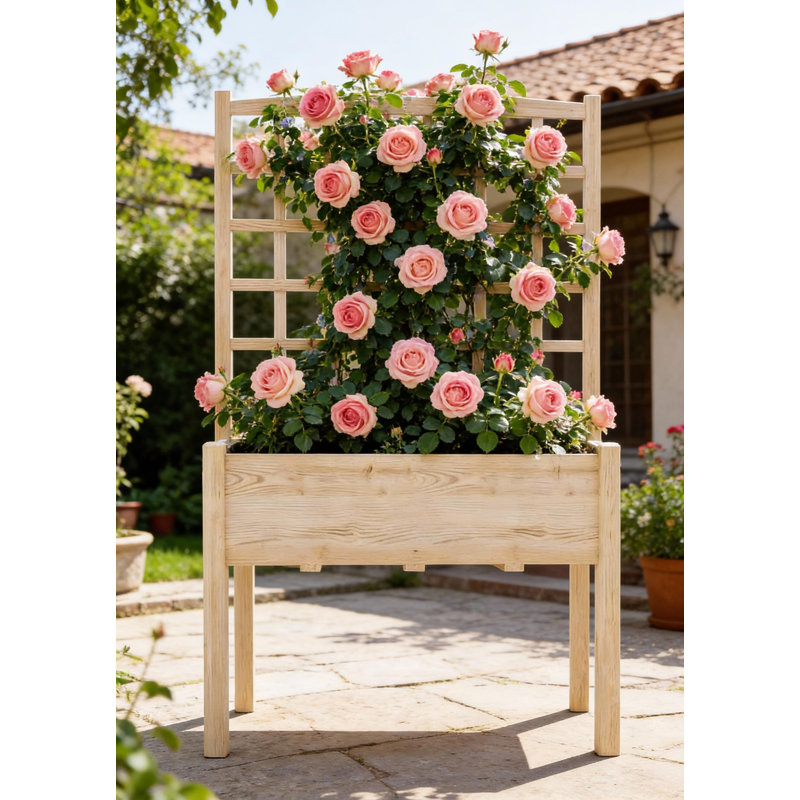 Wooden Elevated Garden Bed, With Trellis