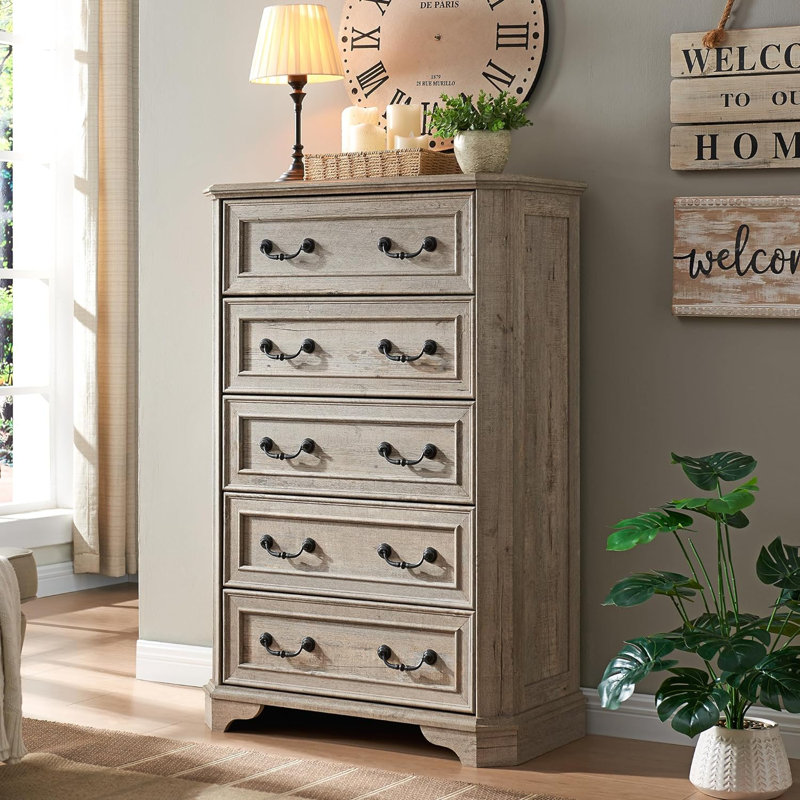 Theron 5-Drawer Manufactured Wood Tall Chest, Light Rustic Oak