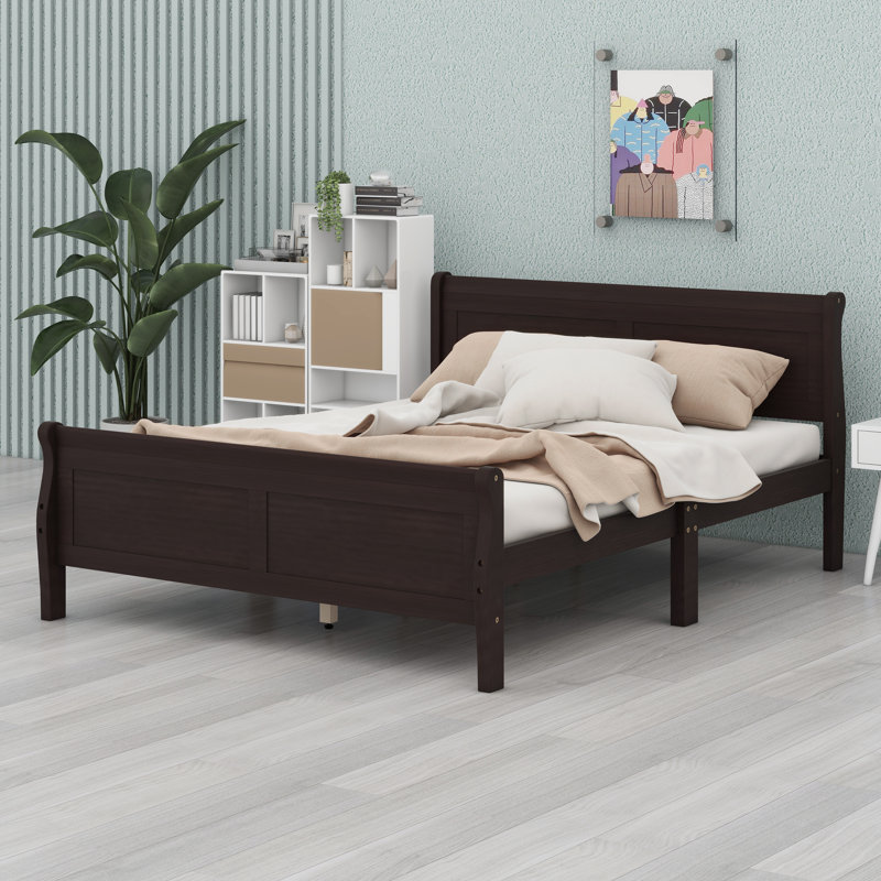 Lit plateforme en bois avec tête de lit, Espresso, Grand lit