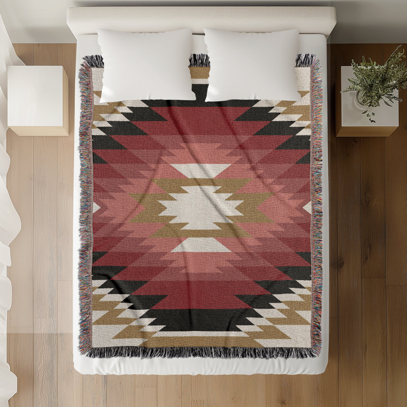 Jeté en mélange de coton Zio South Western, L 60 po x l 50 po, Rouge / blanc cassé / or terne
