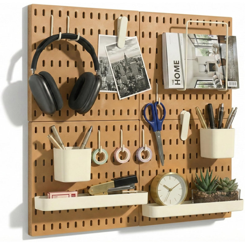 Organisateur mural de panneau perforé - Panneaux perforés en plastique, système de rangement modulaire pour bureau à domicile, salle d'artisanat, configuration de jeu (brun clair, 22 po x 22 po)