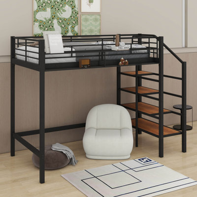 Lit mezzanine simple en métal avec tablette supérieure et échelle de rangement latérale