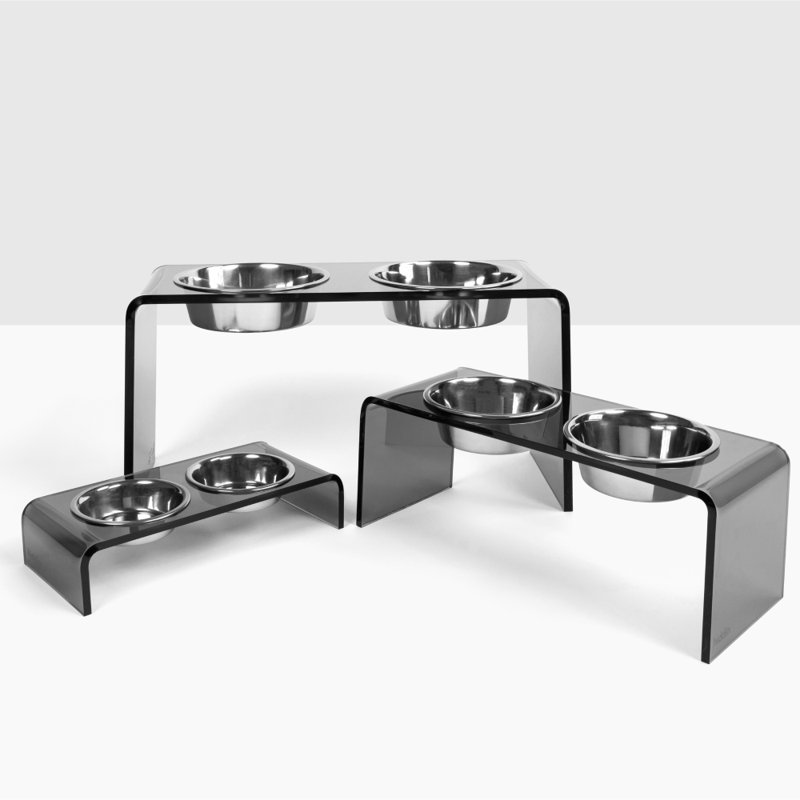Acrylic Double Bowl Elevated Pet Feeder, Silver