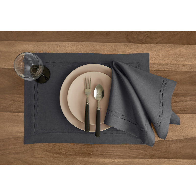 Linen Double Hemstitch - 100% Pue Linen Dinner Napkins, Lava Smoke