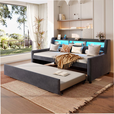 Twin Size Daybed With Trundle, Upholstery Daybed With LED Light ＆ Charging Station, Velvet Day Bed With Wood And Metal Frame
