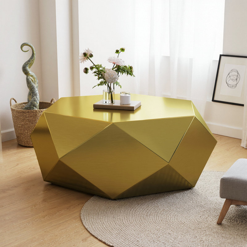 39" Modern Stainless Steel Coffee Table, Hexagonal Diamond Geometric End Table, No Assembly Required, Contemporary Metal Centre Table for Living Room, Bedroom, Office