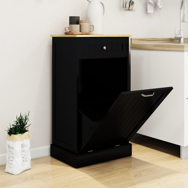 Armoire poubelle de cuisine à un tiroir et un revêtement noir, convenant à une extension d'îlot, des pièces prédécoupées, une inclinaison moyenne résistante à l'humidité, cache et garde le plancher propre
