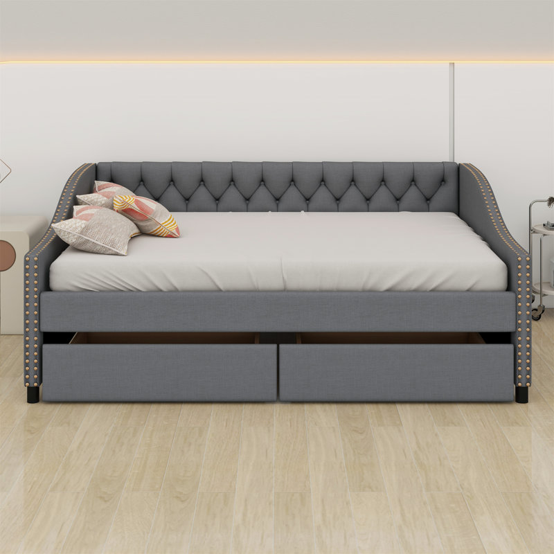 Upholstered Daybed With Two Drawers And Wood Slat Support, Gray, Full