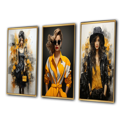 «Yellow and Gray Fashionistas Portrait», 3 pièces sur toile