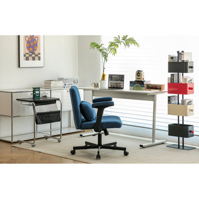 Chaise de bureau moderne en lin bleu avec design ergonomique, hauteur réglable, pivotant sur 360 °, lin respirant, coussin de dossier supplémentaire, siège, roulettes en aluminium