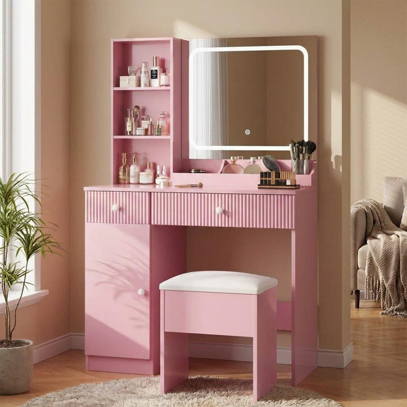 Coiffeuse de maquillage avec lumières DEL et prises de courant - 2 tiroirs, armoire et tabouret - coiffeuse avec station de charge