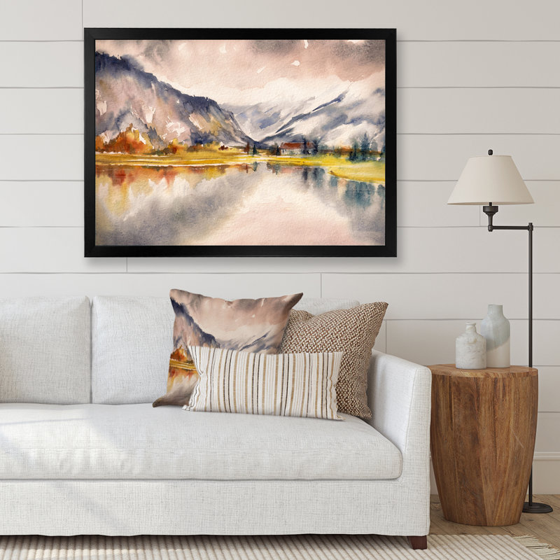 Paysage d'automne avec le ciel reflété sur le lac - Peinture sur toile, H 34 po x l 44 po, Cadre noir