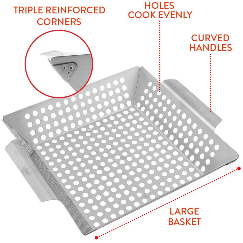 Kaluns Heavy Duty Stainless Steel Vegetable Grill Basket, Rectangular BBQ Grilling Tray for Vegetables, Seafood & Meat, Rust-Resistant, Dishwasher Safe, Silver