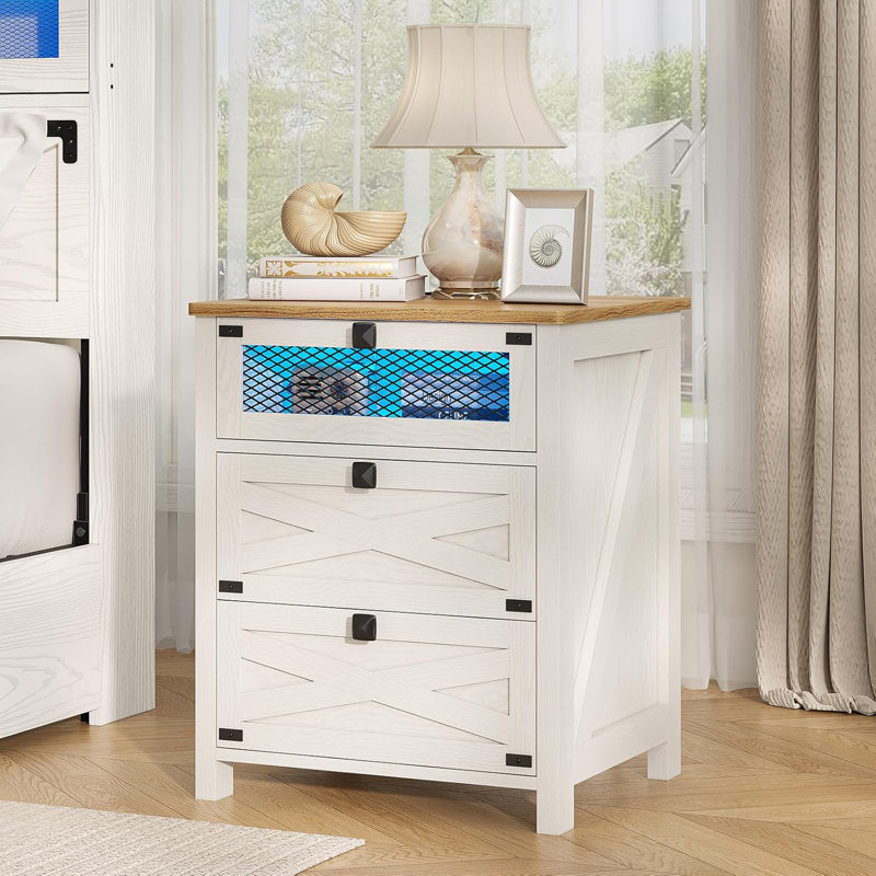 Farmhouse Night Stand For Bedroom, Rustic Vintage Nightstand With Charging Station And Led Lights, Bedside Table With 3 Drawers, Retro Side End Table With Storage