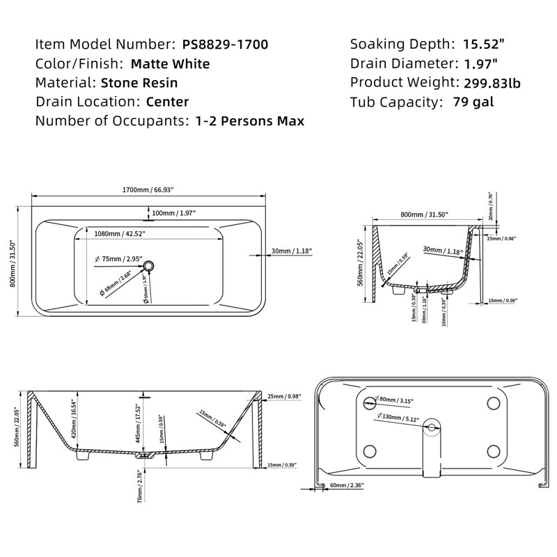 67" Rectangular Back To Wall Freestanding Soaking Solid Surface Bathtub, Matte White Stone Resin Bath Tub With Overflow & Pop-up Drain For Bathroom
