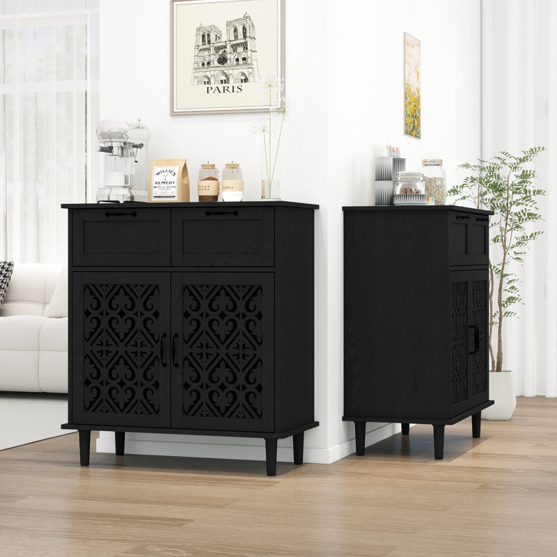 Black Wooden Storage Cabinet With Carved Doors, Black