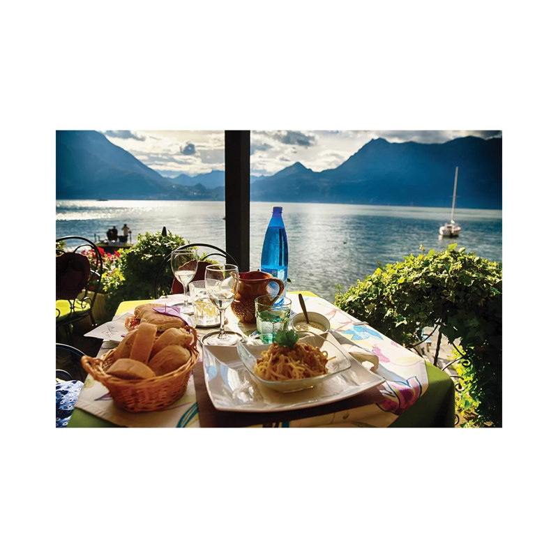 Food On A Restaurant Table With A Lake View, 30.48 cm H x 45.72 cm W