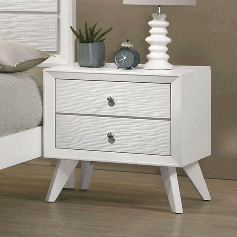 Table de chevet blanche à 2 tiroirs, table de chevet 1pc avec pieds inclinés et boutons ronds blancs