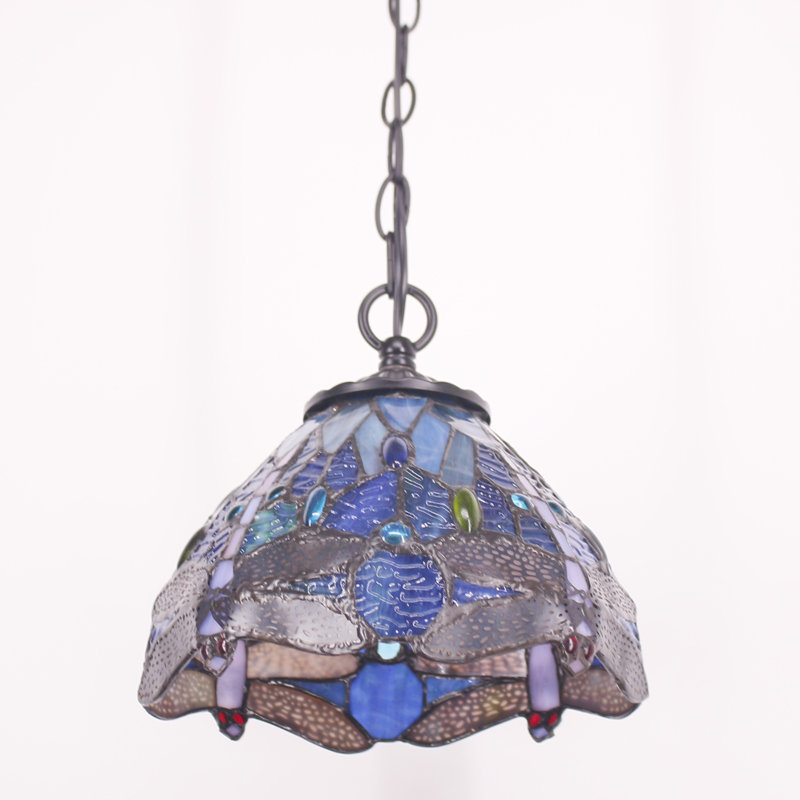 Small Tiffany Pendant Light Dragonfly Style Stained Glass Pendant Hanging Lamp, Blue Dragonfly